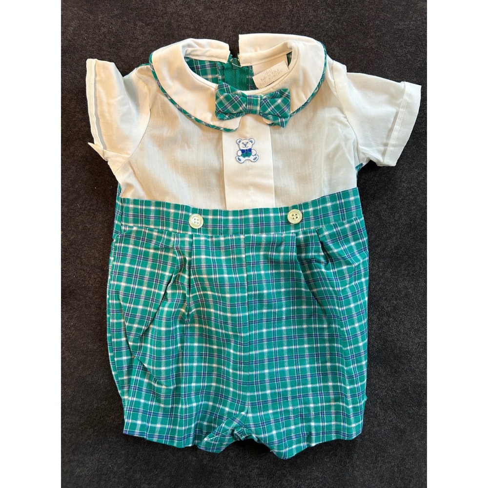 Mothercare Vintage Baby Boy Plaid Romper Green White Bear Bow Tie 6-9 Months